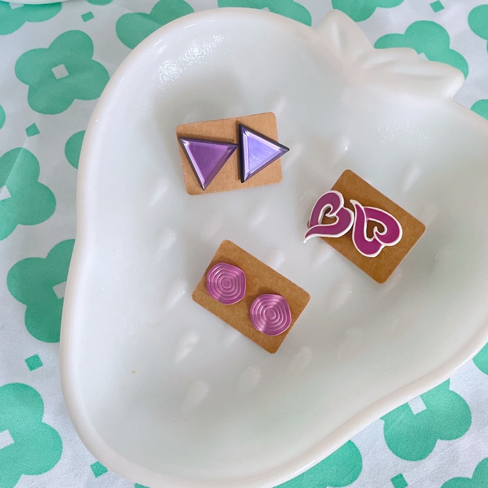 Purple post heart spiral triangle earring bundle